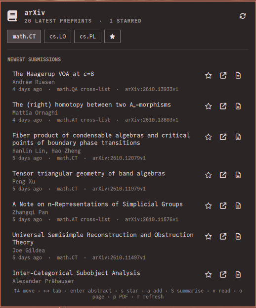 The panel on the math.CT tab, listing recent preprints