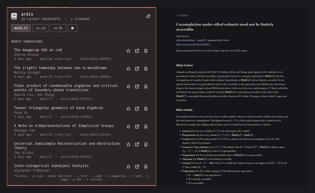The panel listing math.CT preprints, next to a rendered reading report with typeset mathematics