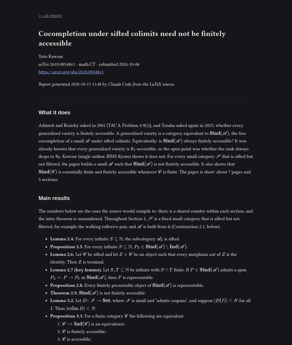 A reading report rendered in the browser, with typeset theorems